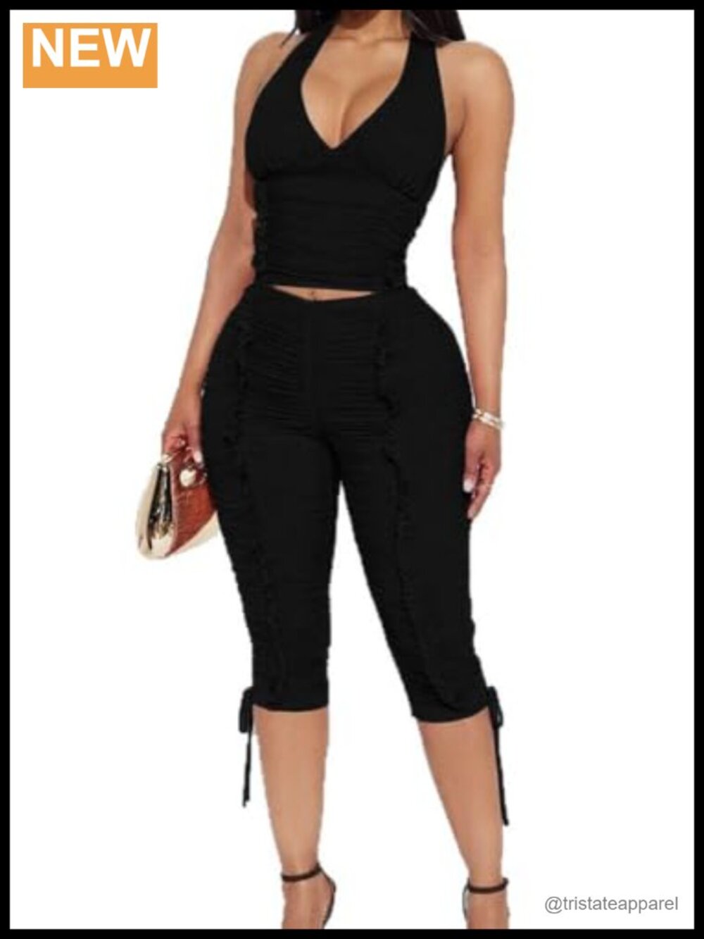 Women's Two Piece Halter Neck Sleeveless Slim Fit Top & Pleated Knee Length